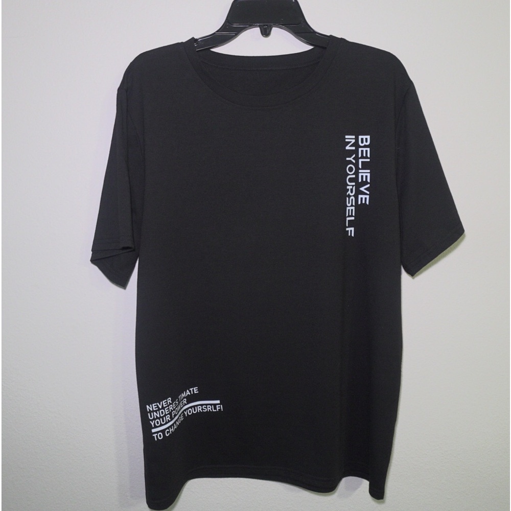 Men’s Black T-Shirt with White Print. Size Large.